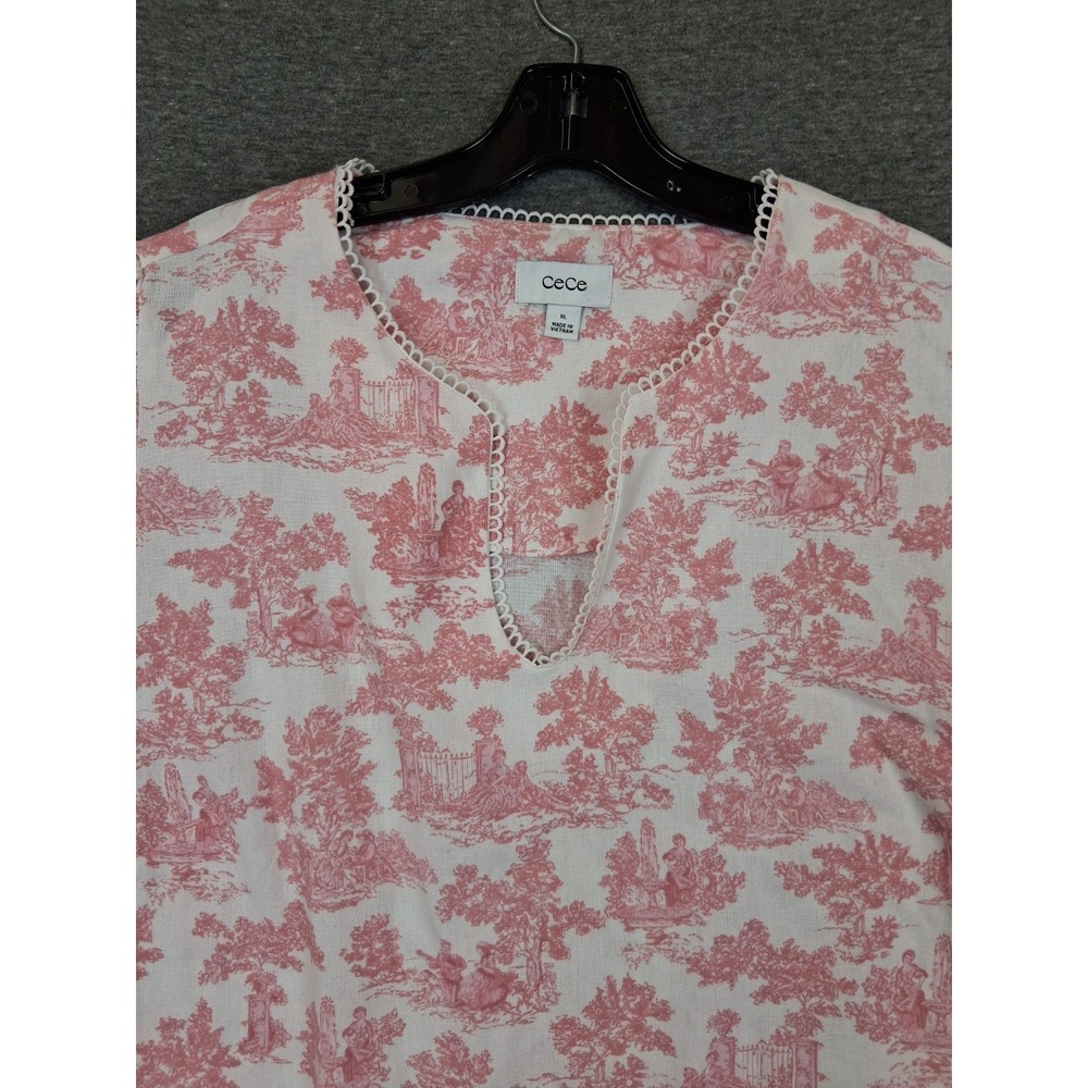 CECE Women Shirt XL Pink White Pastoral Toile De Jouy Paris France Motif Coastal